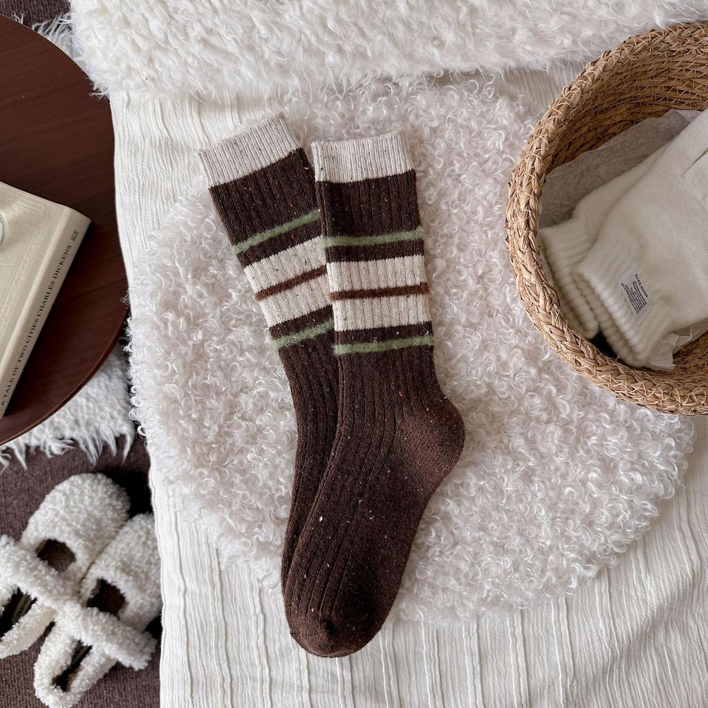 Women's Autumn and Winter Thickened Warm Collision Color Striped Yarn Wool Tube Pile Socks