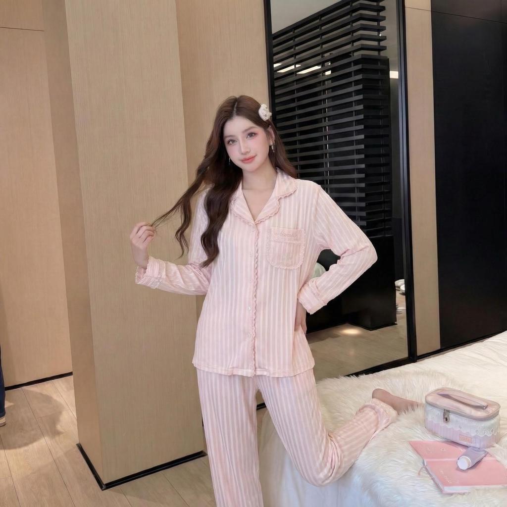 Women's Red Ice Silk Pajamas - Long Sleeve and Pants, Lightweight Casual Homewear for Spring and Summer