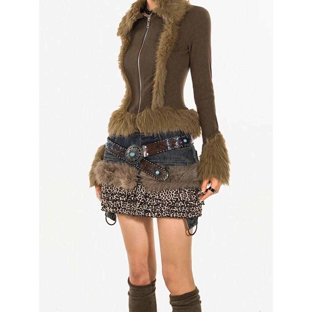 Retro Large Size Leopard Print Edge Hip Skirt Female Hot Girl Design Denim Patchwork Skirt