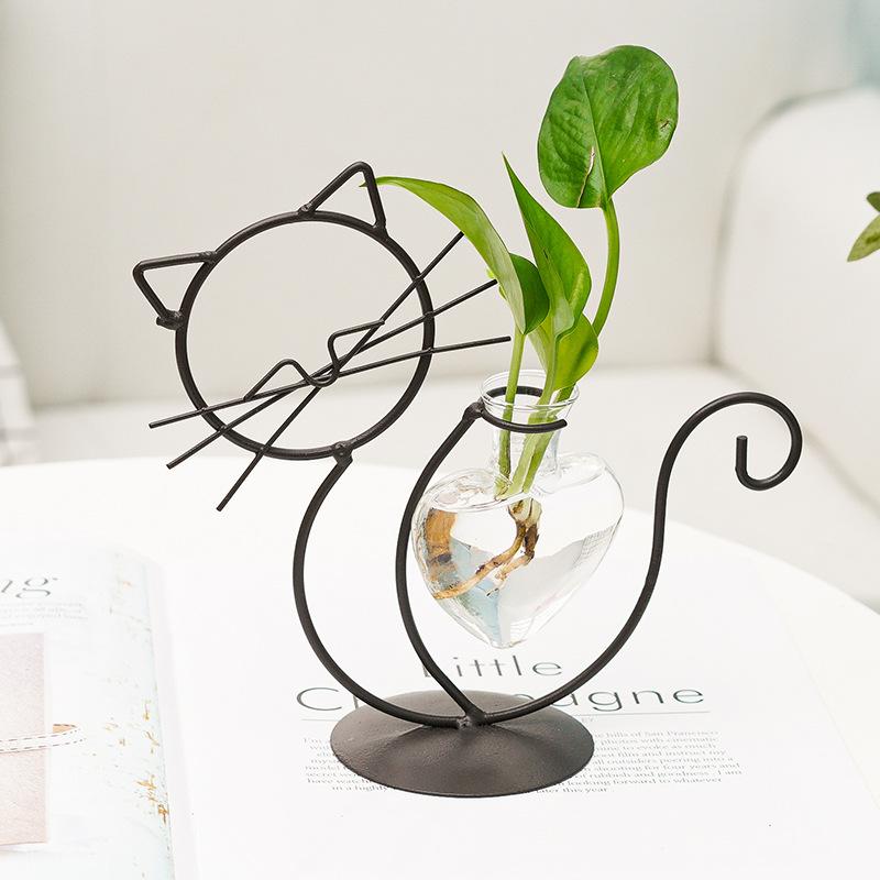 Metal Cat Flamingo Desktop Heart Glass Planter Terrarium Vase Stand Holder Indoor Hydroponic Propagated Plant Jars Garden Decor