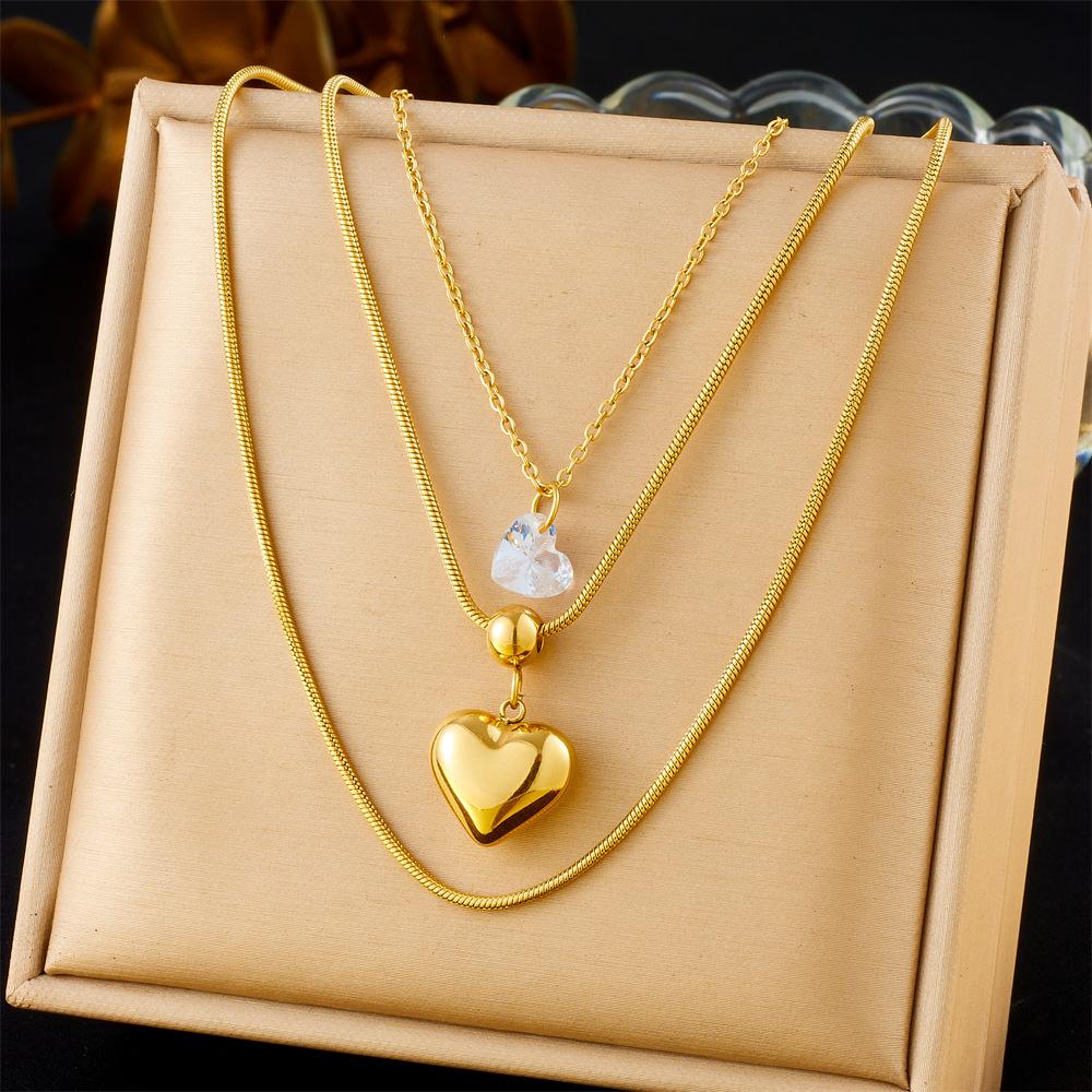 Stainless Steel Double Layer Heart Necklace Snake Chain Crystal Pendant Hypoallergenic Y2K Jewelry