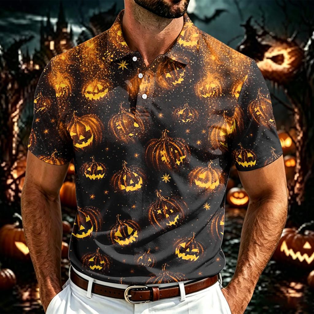 Men's Halloween Print Polo Shirt Short Sleeve Breathable Mesh Lightweight Casual Collared Top for Seasonal Wear