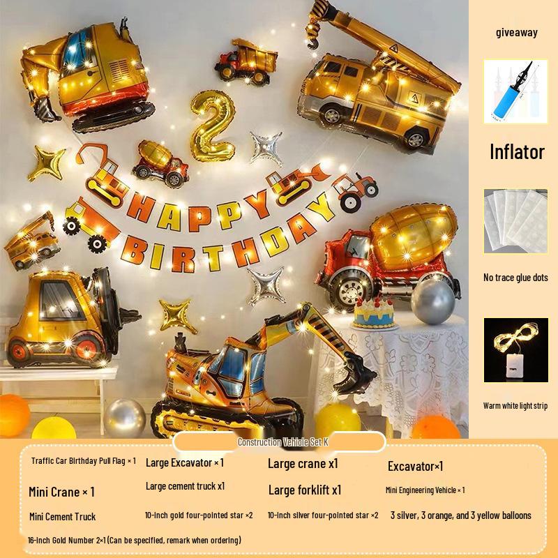 1st Birthday Construction Vehicle Balloon Set: 3D Party Decoration