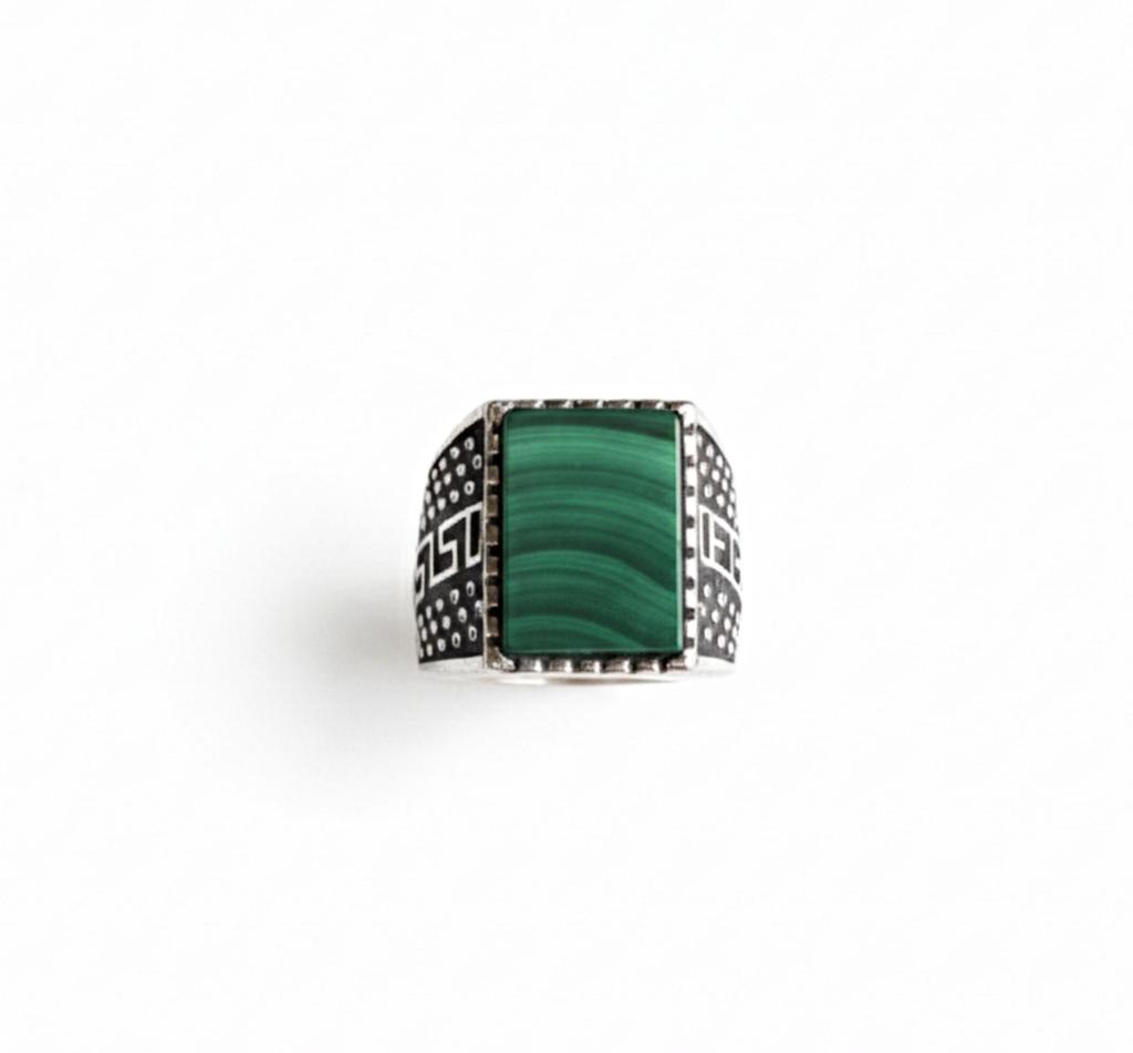 Green Malachite Signet Ring with Greek Key Detail, 925 Sterling Silver, Men and Women Jewelry