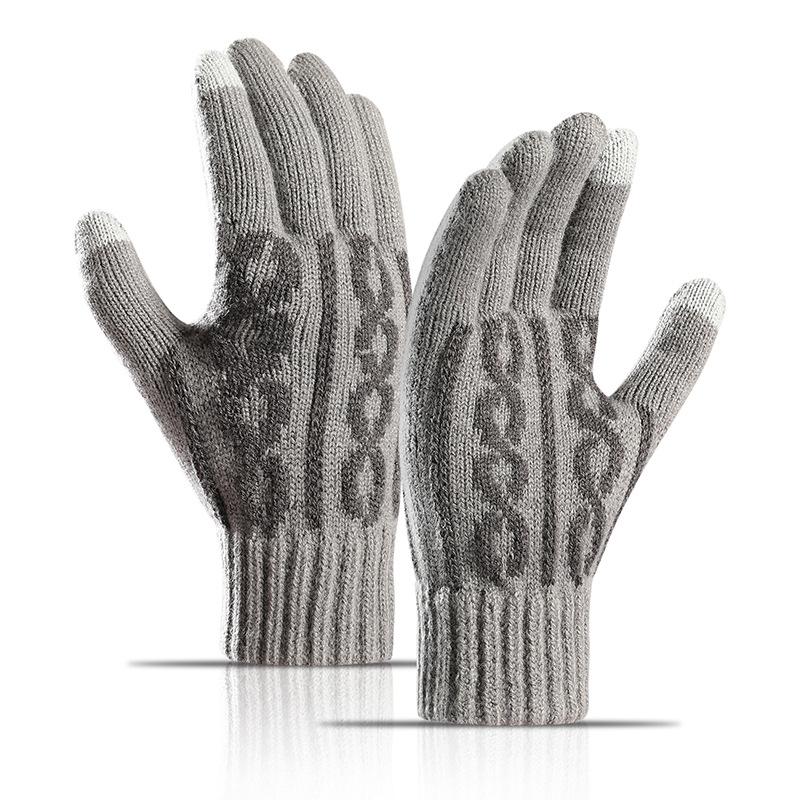 Gants tactiles en laine jacquard pour homme automne et hiver - Tricotés, doublés de velours, épais et chauds, avec doigts séparés.