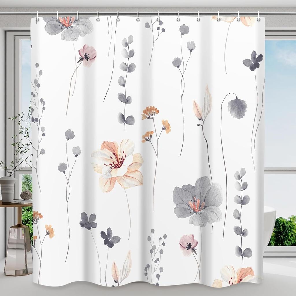 Shower Curtain Watercolor Flower Shower Curtain Sets - Spring Burnt-Orange Floral Plant Shower Curtains for Bathroom