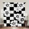 2pcs Art Deco Black & White Floral Checkered Curtains - Fade-Resistant Polyester   Machine Washable for Bedroom   Living Room   Off