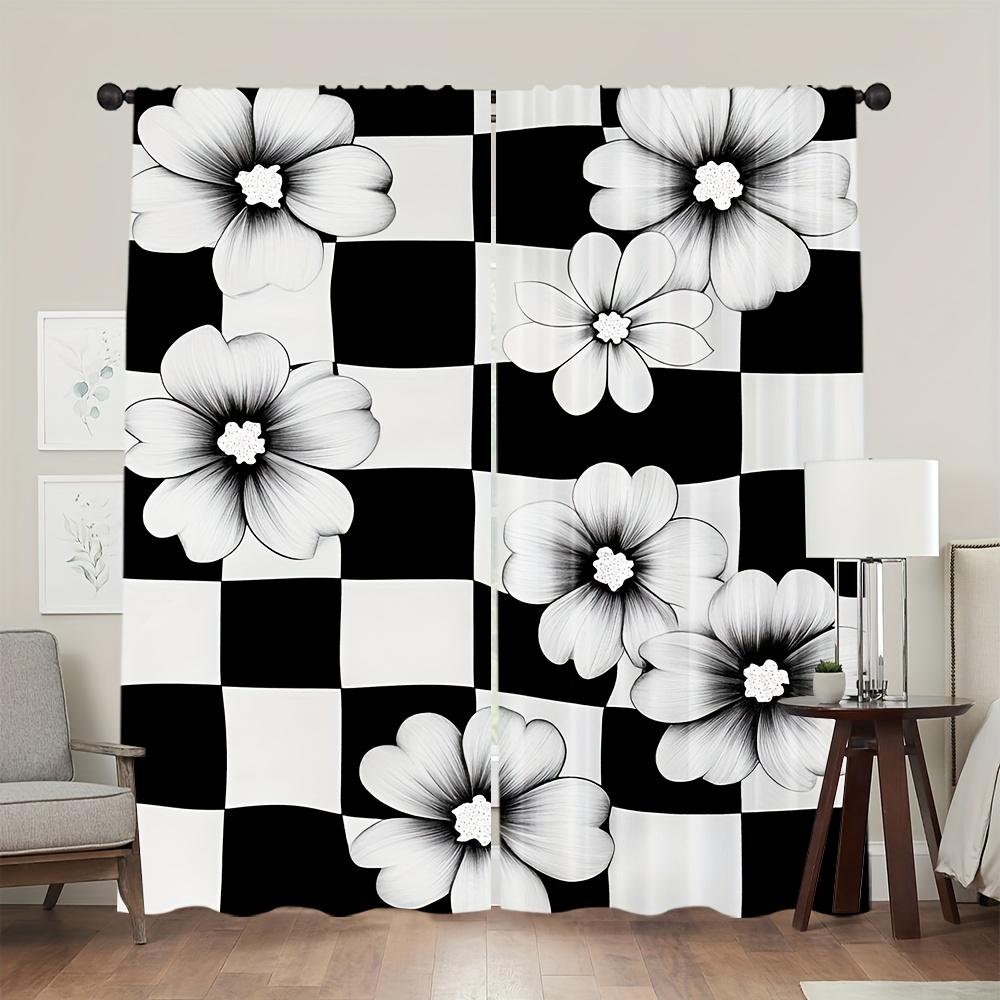 2pcs Art Deco Black & White Floral Checkered Curtains - Fade-Resistant Polyester   Machine Washable for Bedroom   Living Room   Off