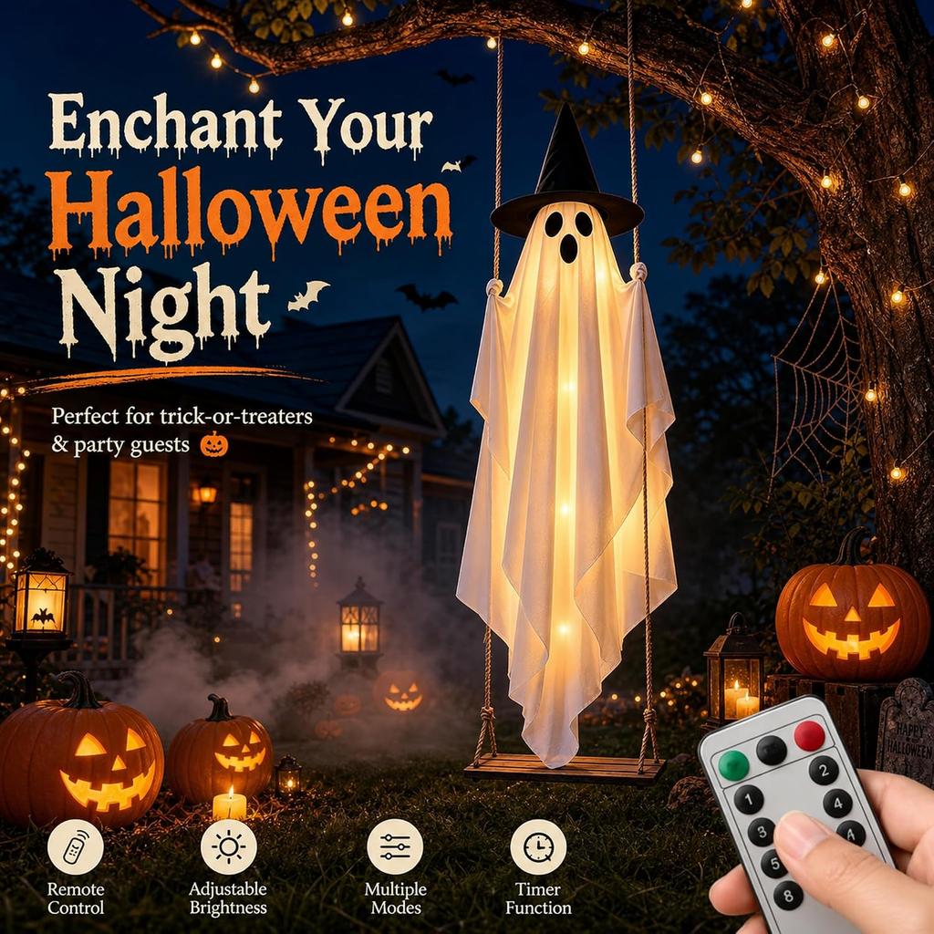 Grand Fantôme Volant Suspendu de 1,5 m Décoration d'Halloween avec Balancement Éclairé Design Flottant pour Porche Avant Jardin Arbre Cour Fêtes Arrière-Cour 1 Paquet