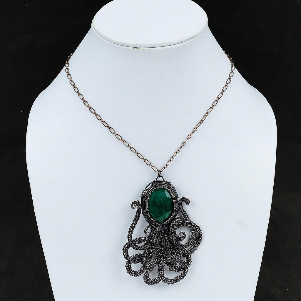Faceted Zambian Emerald Copper Pendant Copper Wire Wrapped Gemstone Pendant Handmade Octopus Pendant Copper Wire Wrap Jewelry Gift For Her