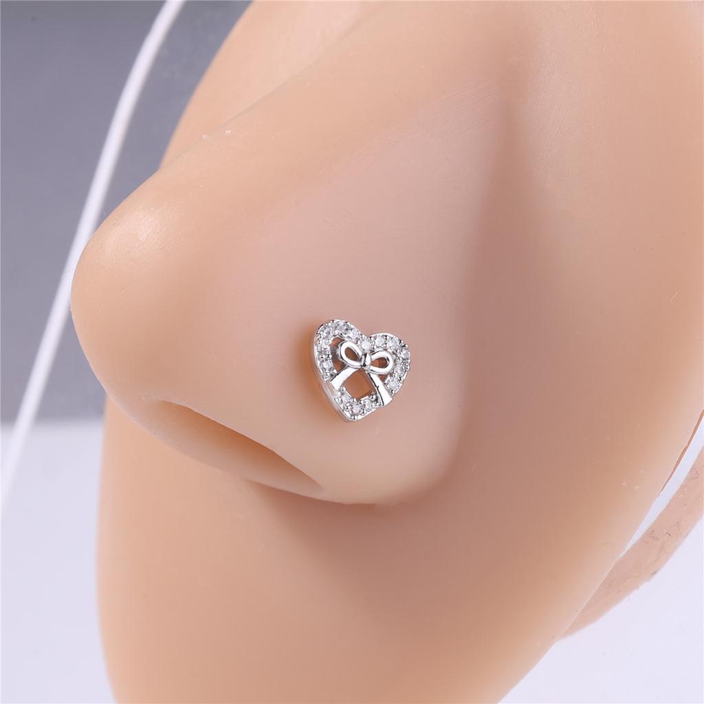 20G L Shaped Nose Studs Rings for Women Girl Gold Silver Cute Heart Bow Design CZ Nose Pin Screw Nose Piercing Jewelry