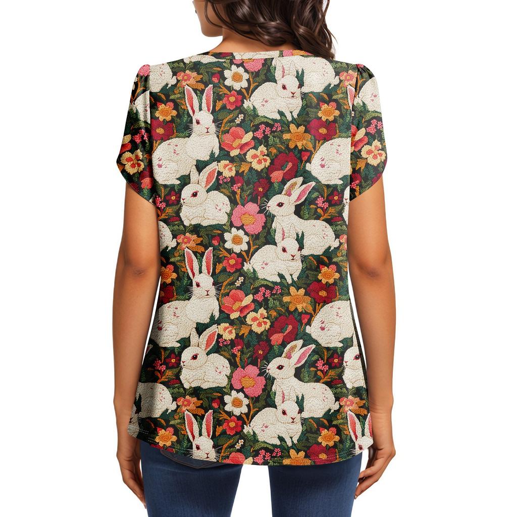 Women's Fashionable Round Neck Short Sleeve Printed Casual Basic Pleated Pullover T-shirt Top