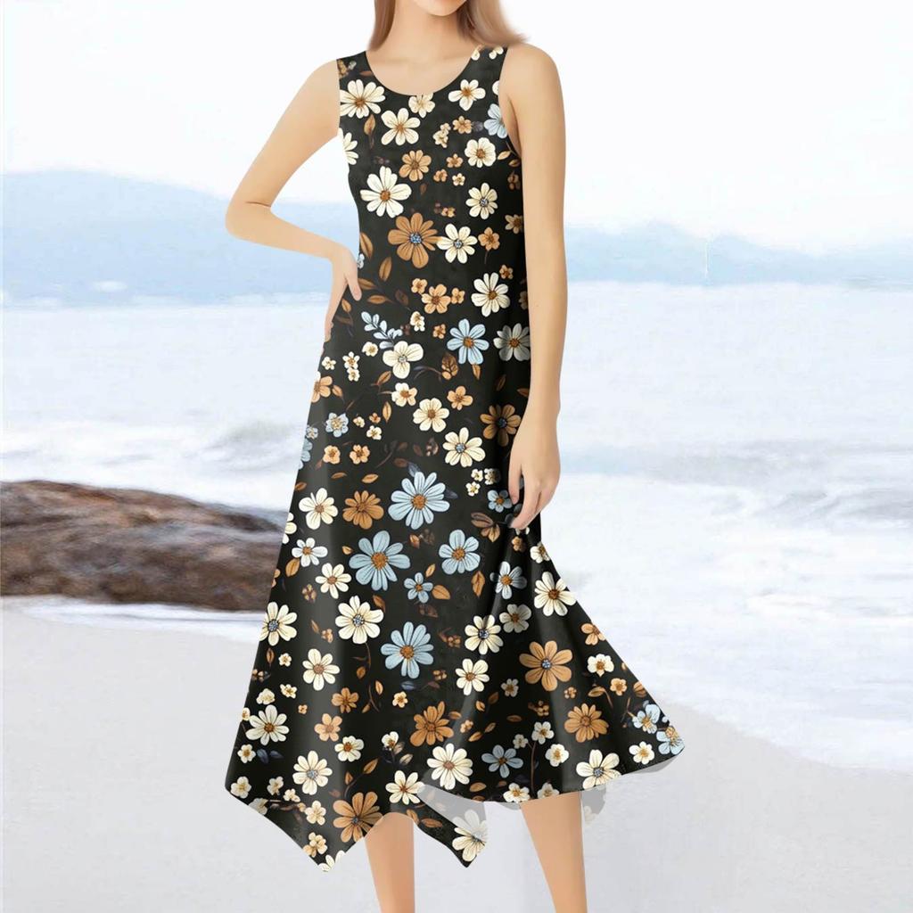Women's Casual Fashion Round Neck Sleeveless Floral Print Irregular Hem Midi Dress