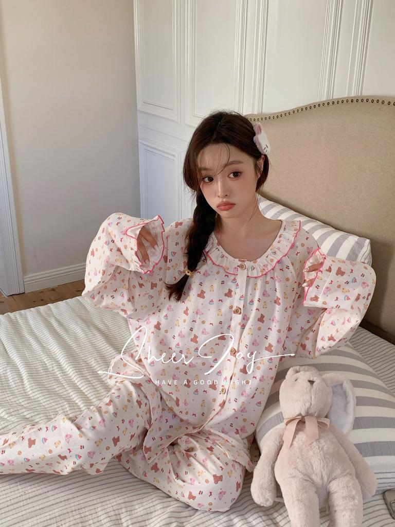 Autumn new cotton cardigan lace round neck bright girl series long sleeves trousers homewear women's cute pet paradise