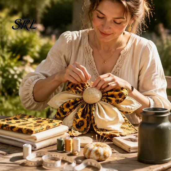 Rustikaler Kranz Verzierung Patchwork Schleife Nähset, Großes Stoff DIY Sonnenblumenmuster Set Kürbis Gestepptes Bastelset für Erwachsene, Bauernhaus Heimdekoration