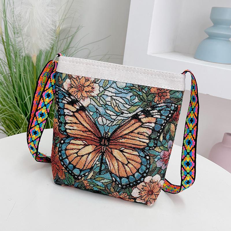 New women's messenger bag going out double-sided flower butterfly casual embroidery ethnic style mobile phone bag