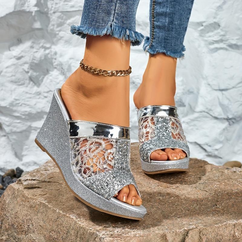 Women'S Elegant Slip-On Wedge Sandals with Glittery Sequin Lace Detail, Open-Toe Platform Heel & PU Cover Upper - Versatile Casual To Formal Shoes
