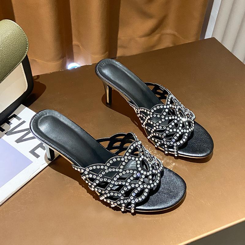 2025 foreign trade new spring and summer sandals high heel thin heel sexy fish mouth European and American rhinestone banquet shoes thin belt hollo