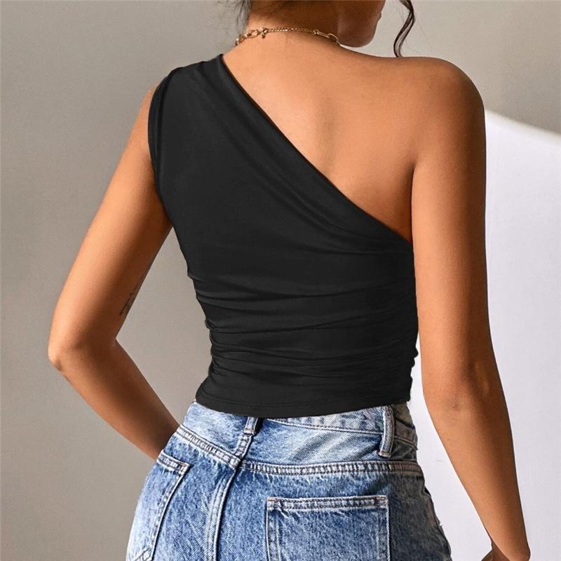 2026 New Fashionable Casual Women's T-Shirt Solid Color Single Shoulder Asymmetrical Slim Fit Top One-Piece Neck