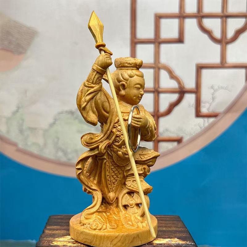 Natural Cypress Nezha Mythical figure statue- Solid Wood Carving Home Room Office Car Decoration Accessories 11cm / 4.32 in