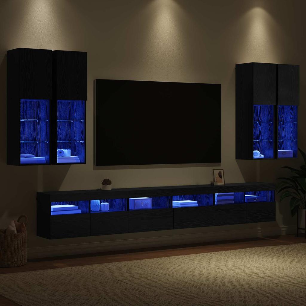 TV Wall Shelf Set 7 pcs Black Oak Effect Wood Based Panel