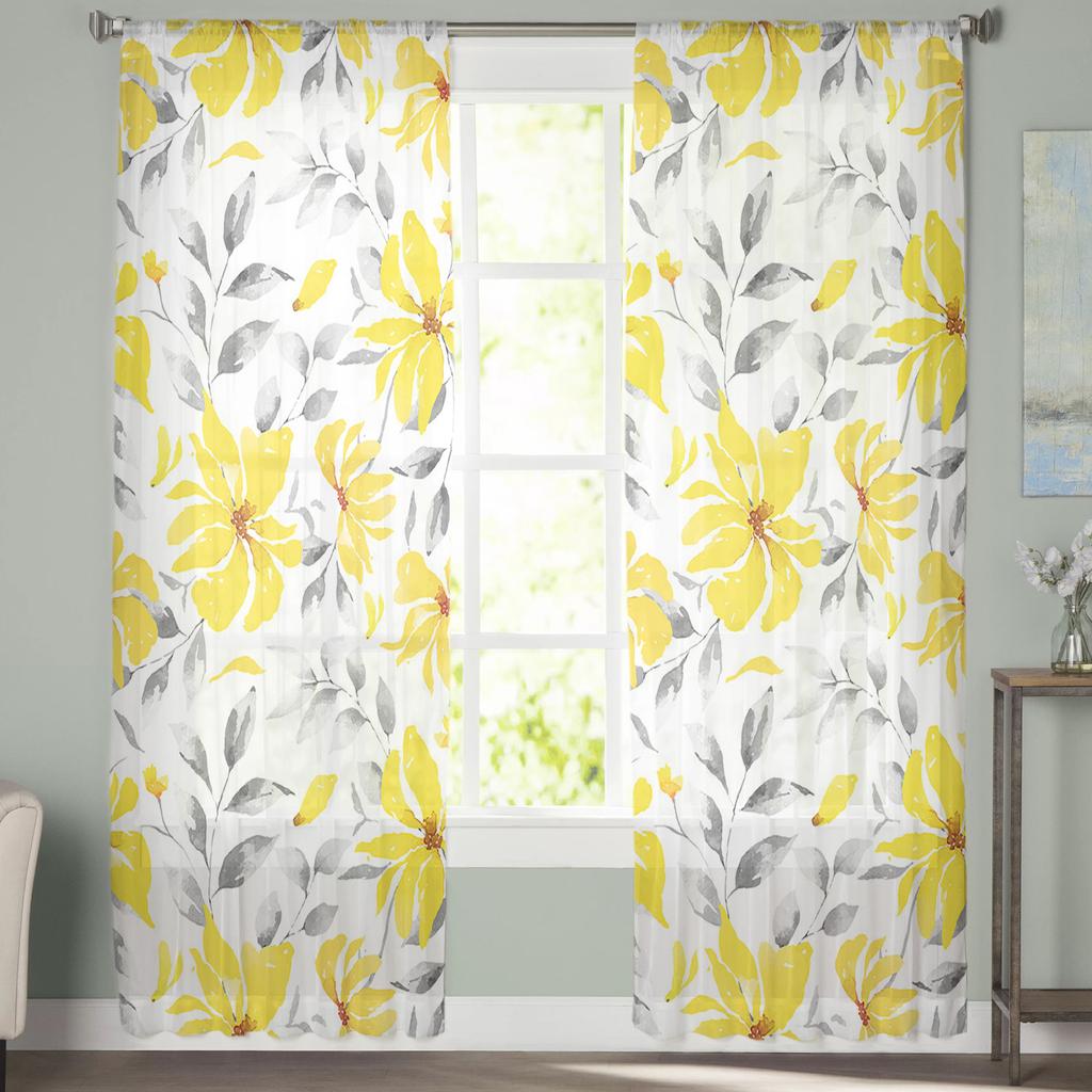 Watercolor Yellow Flowers Abstract Sheer Voile Window Curtains Tulle Curtains Living Room Balcony Decoration Drapes
