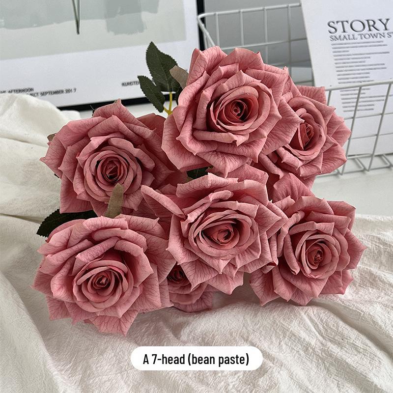 7-Head Embossed Cappuccino Rose Bouquet: Artificial Wedding Car Decoration with High-End Feel