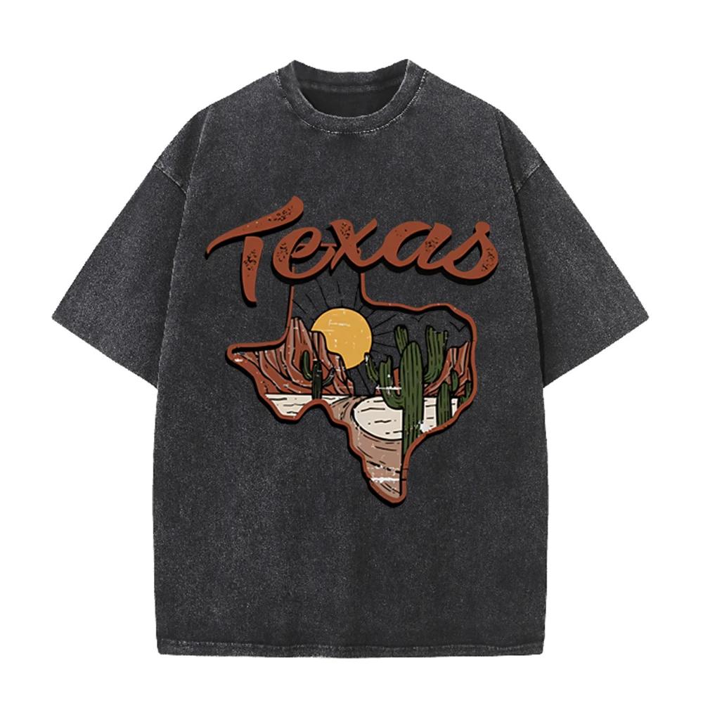 2026 Vintage Texas Desert Cactus Sunset Graphic Beige Washed T Shirt Western Country Travel Casual Oversized Unisex Short Sleeve