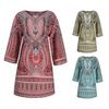 V-Ausschnitt 3/4 Ärmel Shift Design Urlaubs Kleid Ethnischer Stil Bohemia Retro Print Damen Kleid Damen Kleidung