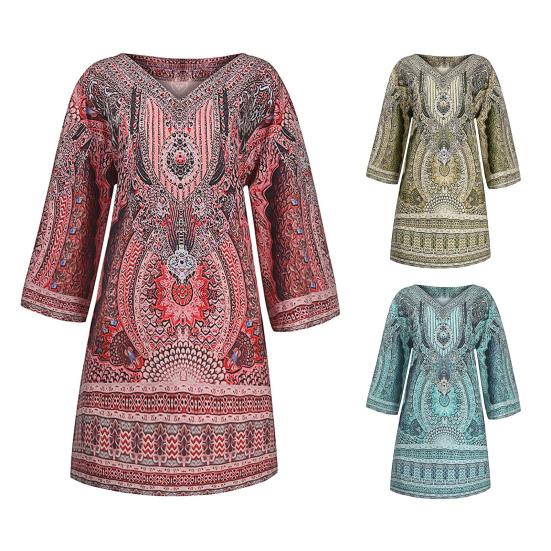V-Ausschnitt 3/4 Ärmel Shift Design Urlaubs Kleid Ethnischer Stil Bohemia Retro Print Damen Kleid Damen Kleidung