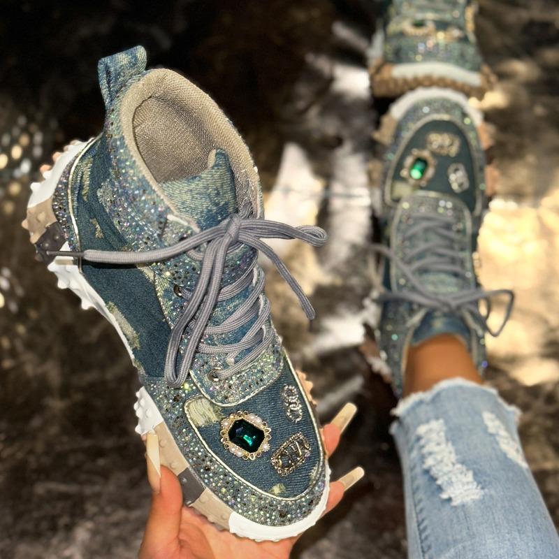 Women Casual Sneakers Luxury Designer Boots Rhinestone Diamond High-Top Thick Bottom Shoes Female Tennis Outdoors Walking Shoes