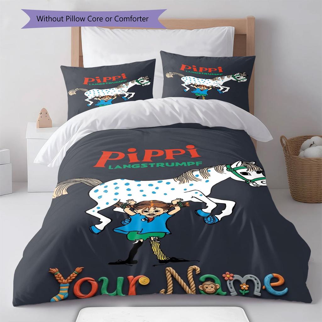 Pippi Longstocking Custom Name Pattern Bedding,Quilt Set Quilt Cover Pillowcase Home Birthday Gift(1 * duvet cover + 2 * pillowcase, without core)