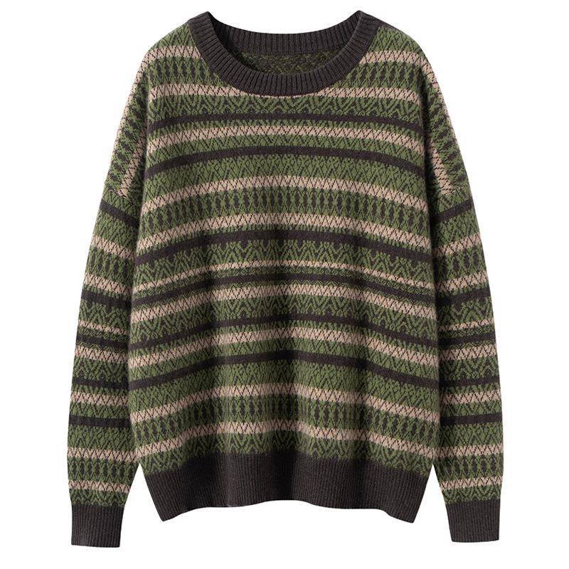 Women's Pure Cashmere Jacquard Stripe Sweater - Loose Fit, Round Neck, Autumn/Winter Style