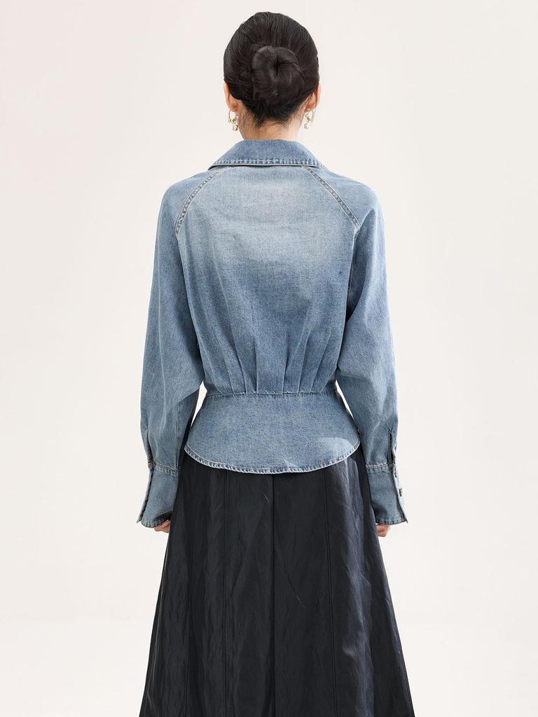 High-Quality Nanyou Retro Bleached Lace-Up Denim Shirt - Early Spring Long-Sleeved Top