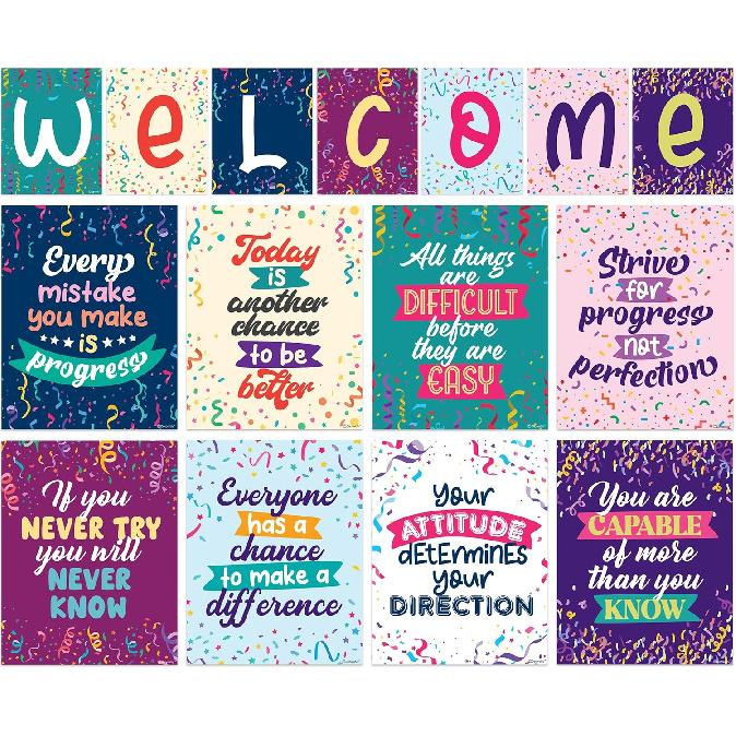 Decorably 15 Chalkboard Welcome Back to School Bulletin Board Decorations, pirational, Matte-Laminated Posters - for Classroom, School Hallways