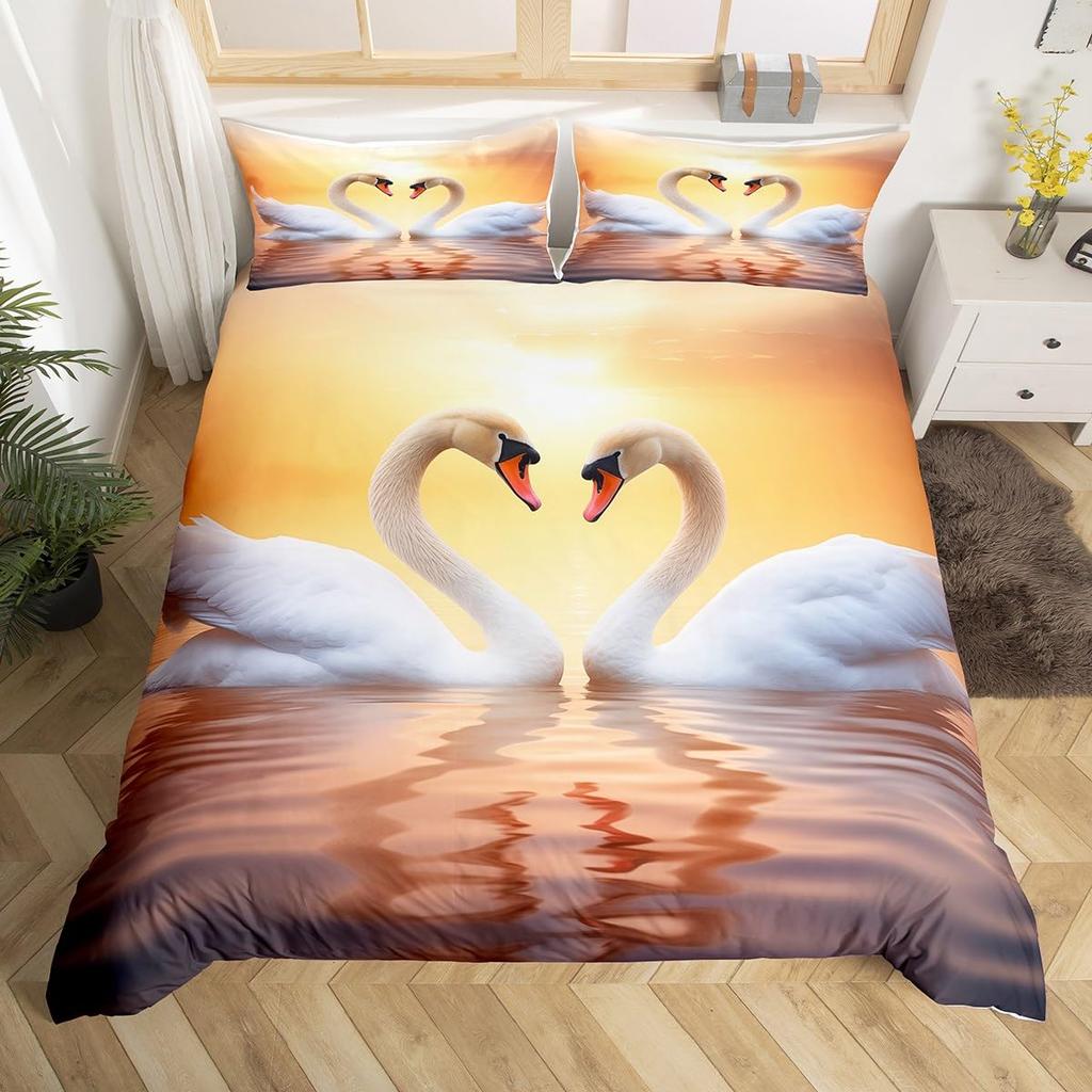 Red Rose Beding Set White Swan Soft Duvet Cover Quen Wild Animal Romantic Flower Warm Comforter Cover for Young Girls Woman Lady Weding Decor
