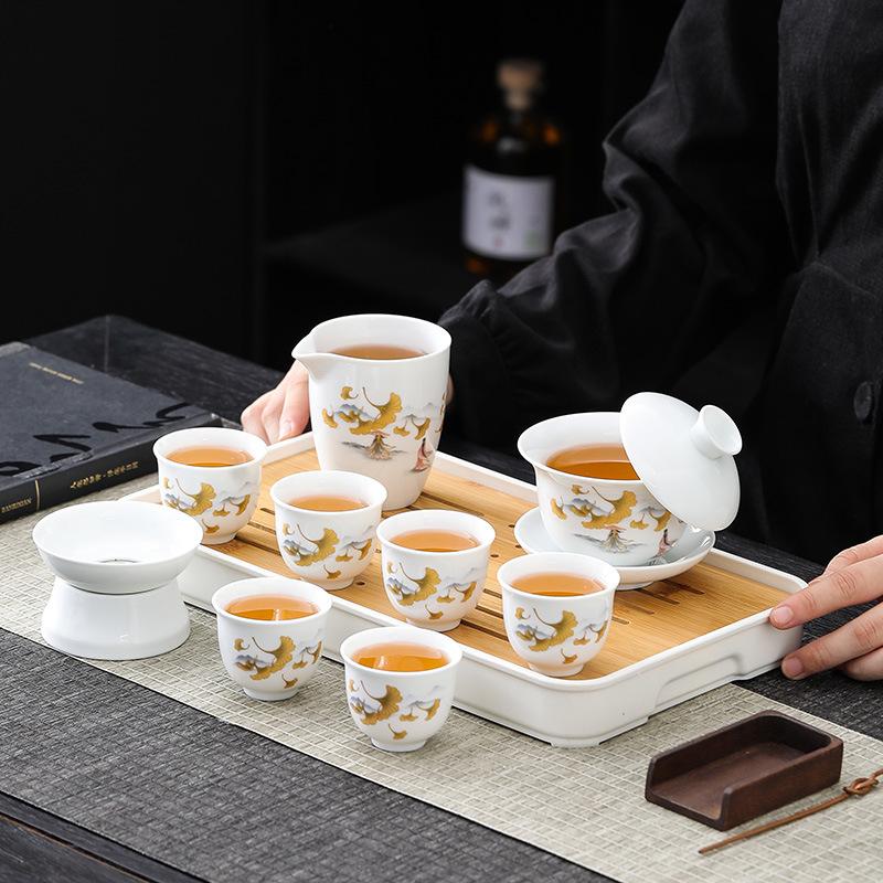 Suet jade white porcelain kung fu tea set home office teapot cover bowl teacup ceramic high-end light luxury gift