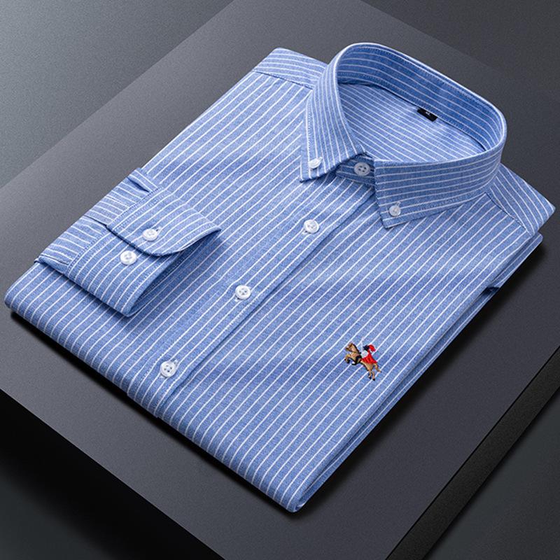 

Весенне-осенняя мужская модная полосатая рубашка с вышивкой, молодежная рубашка с длинным рукавом, с пуговицами на шее и длинным рукавом 5XL синий