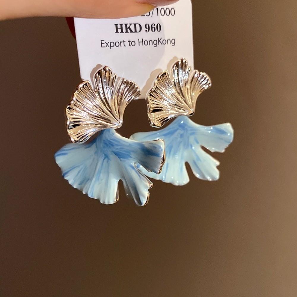 Fashion Double-layer Ginkgo Earrings Leaf Fan Shaped Blue Silver Ginkgo Ear Pendant Alloy Oil Drip Earrings Jewelry Party
