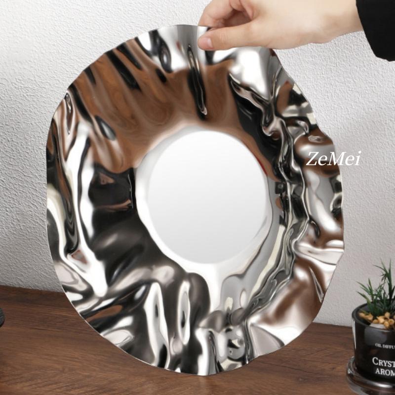 European Style Circle Water Ripples Shape Fruit Plate,Silver Stainless Steel Plate Home Food Tray,Snack Disc Table Decoration