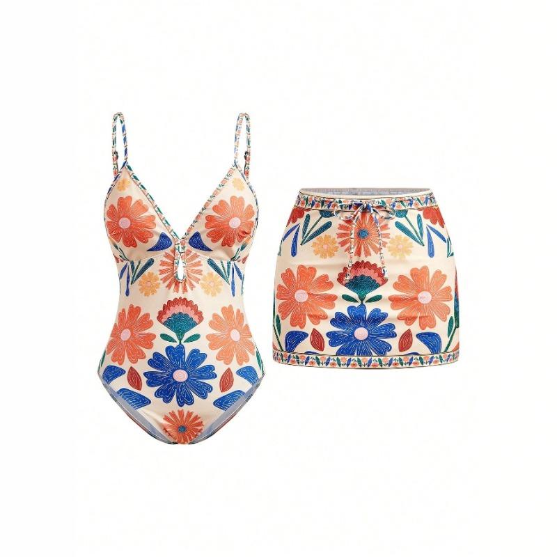 Women Printed Bohemian Spaghetti Strap One Piece Swimsuit Vacation Beach Swimwear
