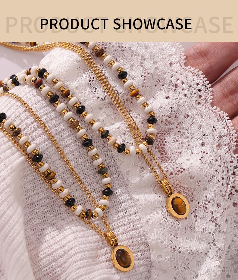 Double-Layered Tiger's Eye Beaded Necklace with Titanium Steel Clavicle Chain