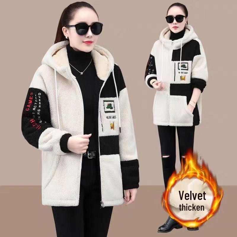 Korean Style Plus Size Mid-Length Lambswool Hoodie for Women - Slimming, Versatile, Thickened, and Cozy.