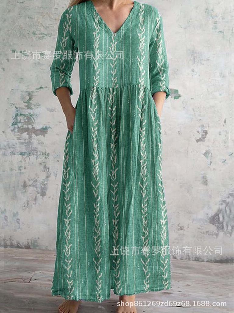 Damen Langarm V-Ausschnitt Maxi Kleid mit Streifenmuster, Knöchellanges Fließendes Kleid, Lässig Elegantes Kleid