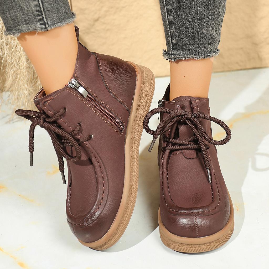 2025 New British-style lace-up ankle boots for women, round-toed flat, large-sized, anti-slip and comfortable ankle boots