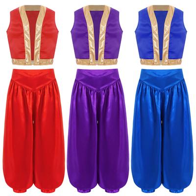 Kids Arabian Cosplay Costume Loose Vest Wide Leg Satin Bloomers Set Halloween Game Character Dress