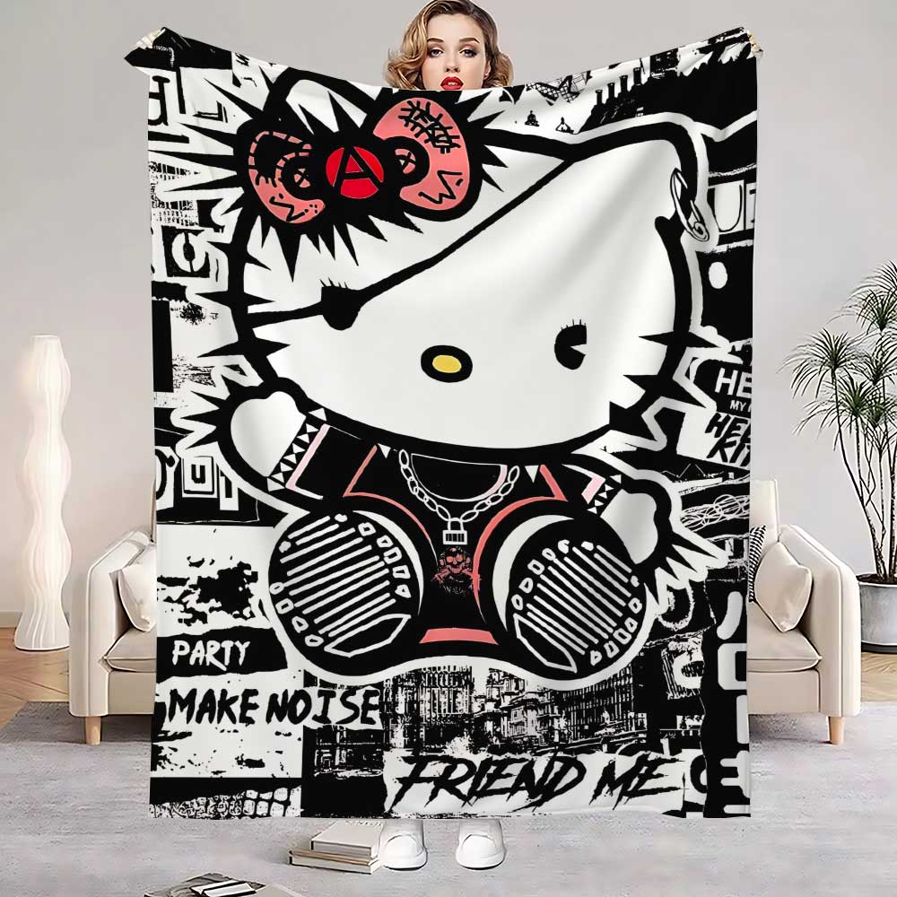

Kawaii Cat Hellos Warm Blanket Throw Furry Winter Blankets for Adults Microfiber Bedding Home Interior Fluffy Plaid Sofa Knee & 75cm x 90cm