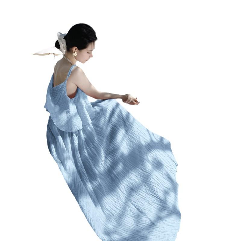 Elegant Sky Blue Backless Maxi Dress for Beach Vacations