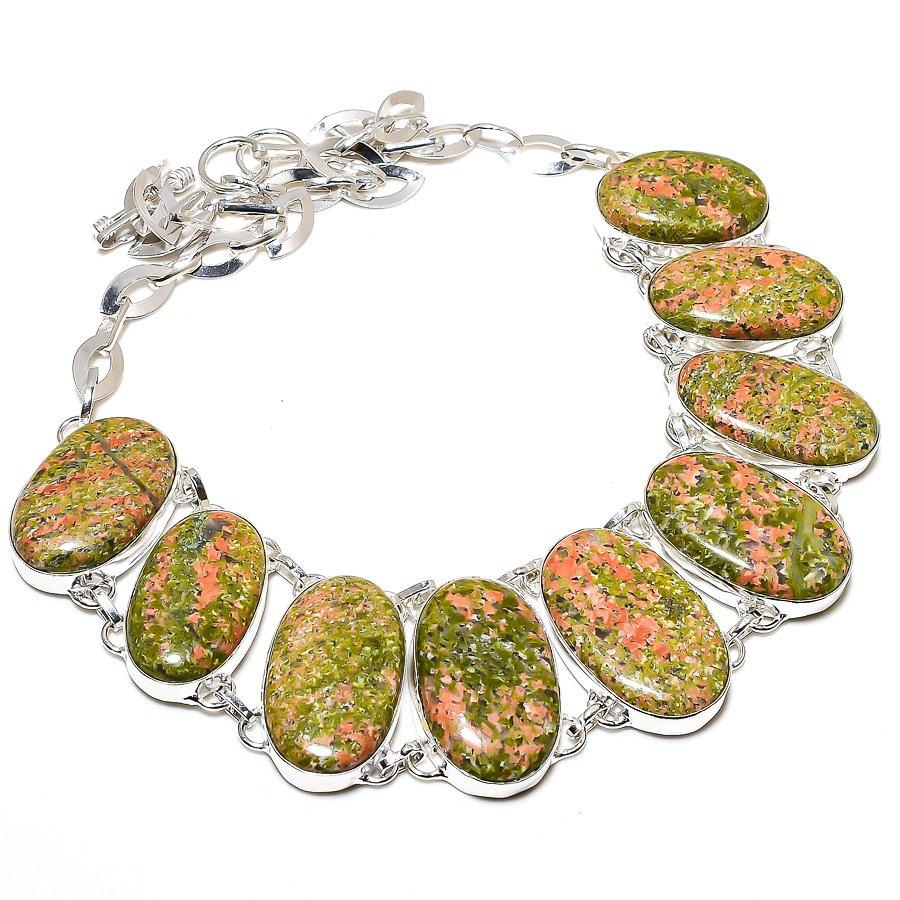 Unakite Gemstone Handmade 925 Sterling Silver Jewelry Necklace 18" SU-9772