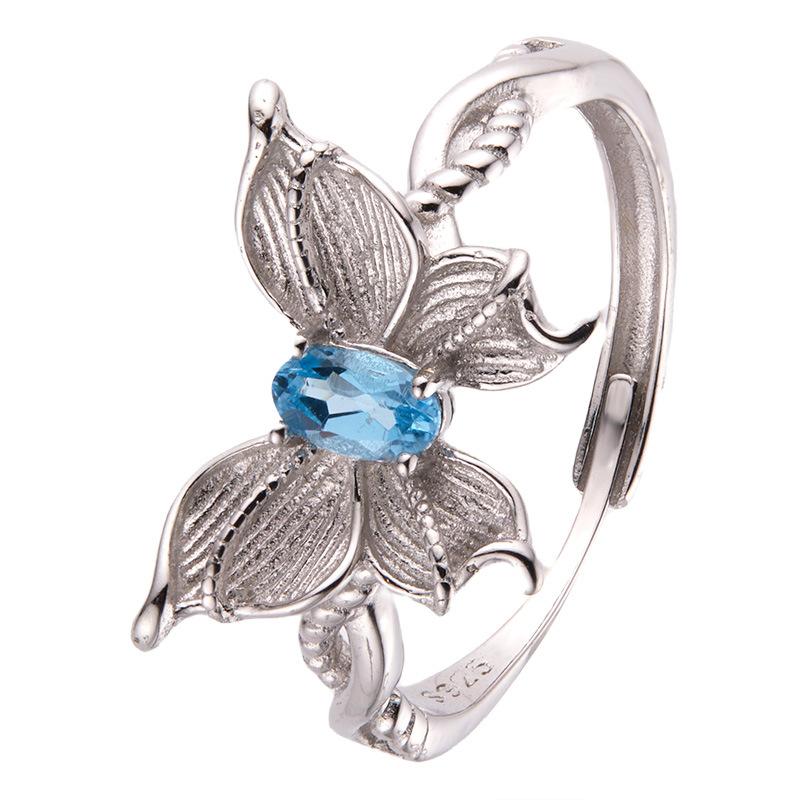 S925 Sterling Silver Natural Topaz Colored Treasure Ring Female Elegance Temperament Double-Layer Three-Dimensional Butterfly Design